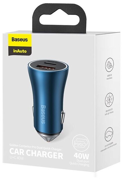Автомобильное зарядное устройство BASEUS Golden Contactor Pro Dual, USBUSB-C, 3A, синий - 6